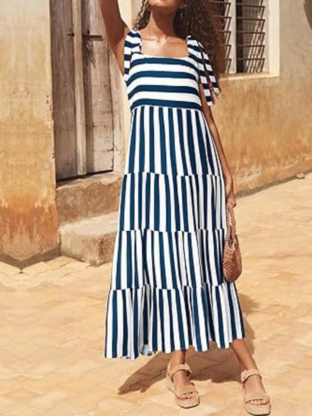 Women's Spaghetti Strap Sleeveless Printed Pocket Side Zipper Tiered Dress - Picture 3 of 5